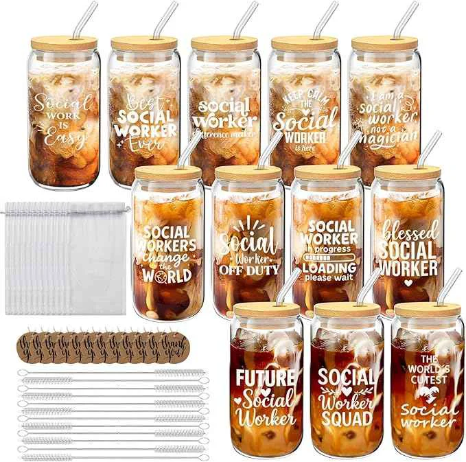 Artisan 12 Set Social Worker Appreciation Gifts Bulk Christmas Gifts for Social Worker Employee Coworker Team Staff Thank You Gifts Glass Cups 16 oz with Lids Straws Brushes and Gift Cards Top-Quality