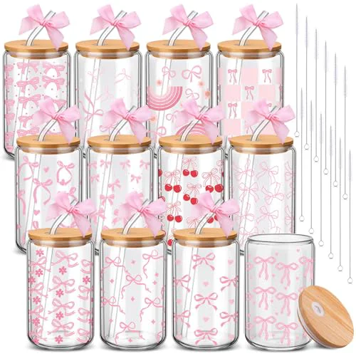 Sustainable 12 Pack Pink Bow Glass Cups with Lids and Straws 16 oz 12 Count Fine Crafted
