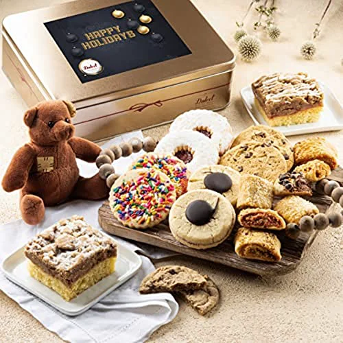 Artisan Happy Holiday Deluxe Bakery Mix of Assorted Cookies and Pastries with Decorative Teddy Bear for Women Fashionable