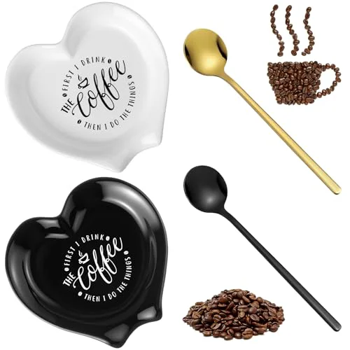 Elegant 2 Pcs Ceramic Coffee Spoon Rest with Spoon Small Heart Black White Stirrer Holder Bar Station Accessories Decoration Lover Housewarming Gift Smooth