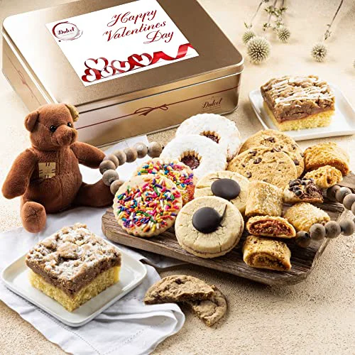 Trendy Happy Valentines Love Day Deluxe Bakery Mix of Assorted Cookies and Pastries with Decorative Teddy Bear for Women Dependable