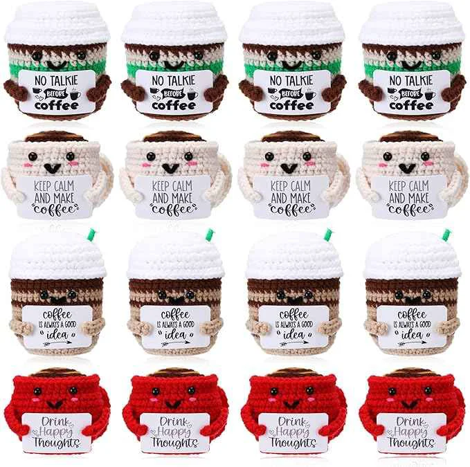 Sustainable HyDren 12 Pcs Handmade Coffee Lovers Gifts Bulk Motivational Crochet Coffee Cup Plush Dolls with Positive Quotes for Women Men Coworkers Friend Office Home Desk Decor Birthday Holiday Party Favor Breathable
