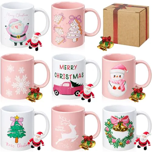Certified 8 Pieces 12 oz Christmas Winter Coffee Mugs Gifts Set with Handle Ceramic Matching Cups for Staff Home School Office Table Centerpieces Housewarming Holiday Party 8 Count Flexible