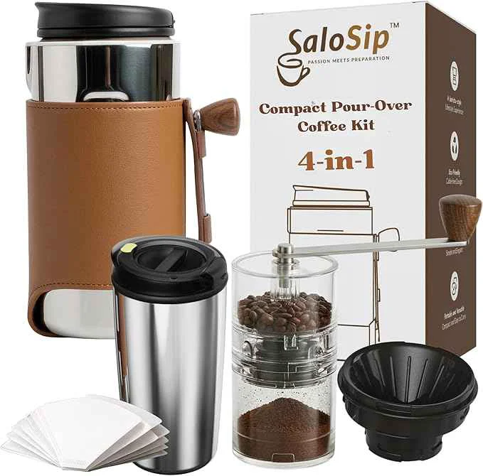 Elegant 4-in-1 Portable Manual Pour Over Coffee Maker with Grinder – Travel Camping Pour Over Set – All-in-One Portable Coffee Brewer Kit with Stainless Steel Kettle Thermal Mug Dripper Exclusive