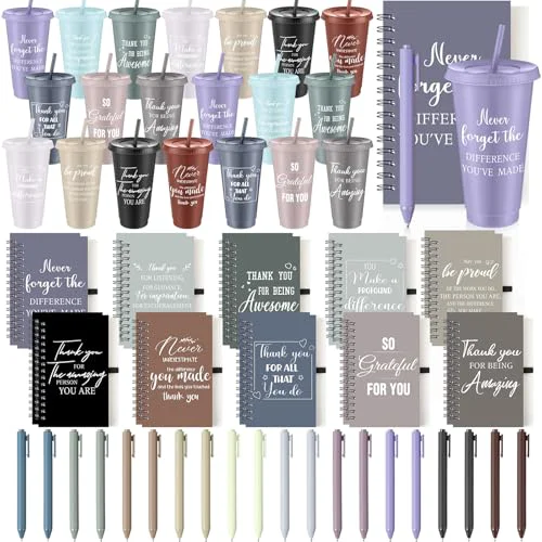 Enhanced 60 Pcs Employee Appreciation Gifts Bulk 24 oz Thank You Tumbler with Lid and Straw Mini Spiral Notebooks and Pens Appreciation Gifts for Team Employee Coworkers Teacher 60 Count Selected