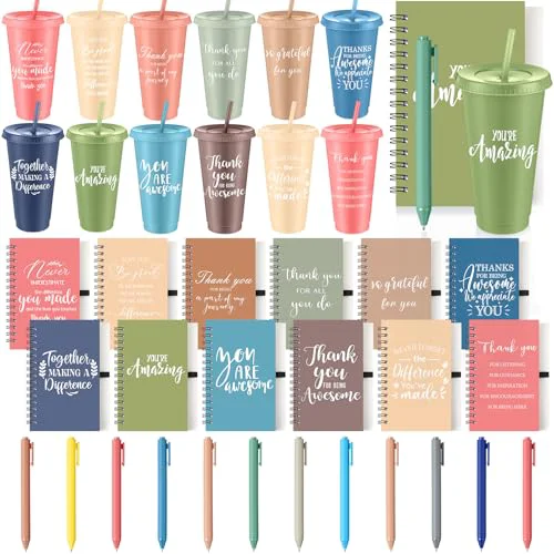 Artisan 36 Pcs Employee Appreciation Gifts Bulk 24 oz Thank You Tumbler with Lid and Straw Mini Spiral Notebooks and Pens Appreciation Gifts for Team Employee Coworkers Teacher 36 Count Natural