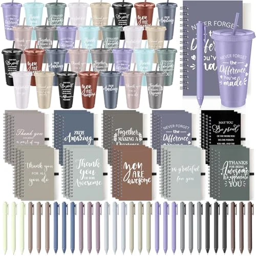 Casual 90 Pcs Employee Appreciation Gifts Bulk 24 oz Thank You Tumbler with Lid and Straw Mini Spiral Notebooks and Pens Appreciation Gifts for Team Employee Coworkers Teacher 90 Count Certified