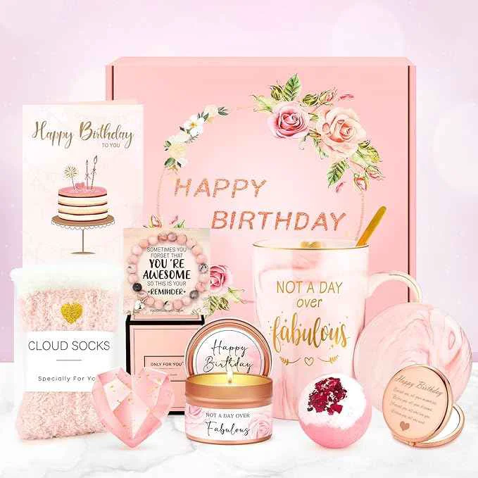 Excellent Birthday Gifts for Women Happy Birthday Gift Baskets for Women Unique Not A Day Over Fabulous Mug Gift ideas Pink Gifts Box Set Presents for Her Friends Mom Sister Wife Coworkers Daughter Aunt Mom Practical