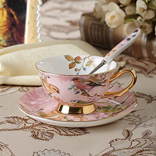 Pure Coffee Mugs Pastoral Bird Bone China Tea Cup Saucer Spoon Set Europe Porcelain Coffee Cup 200ml Mug Tray Cafe Tumbler Party Drinkware Mug Set Long-Lasting