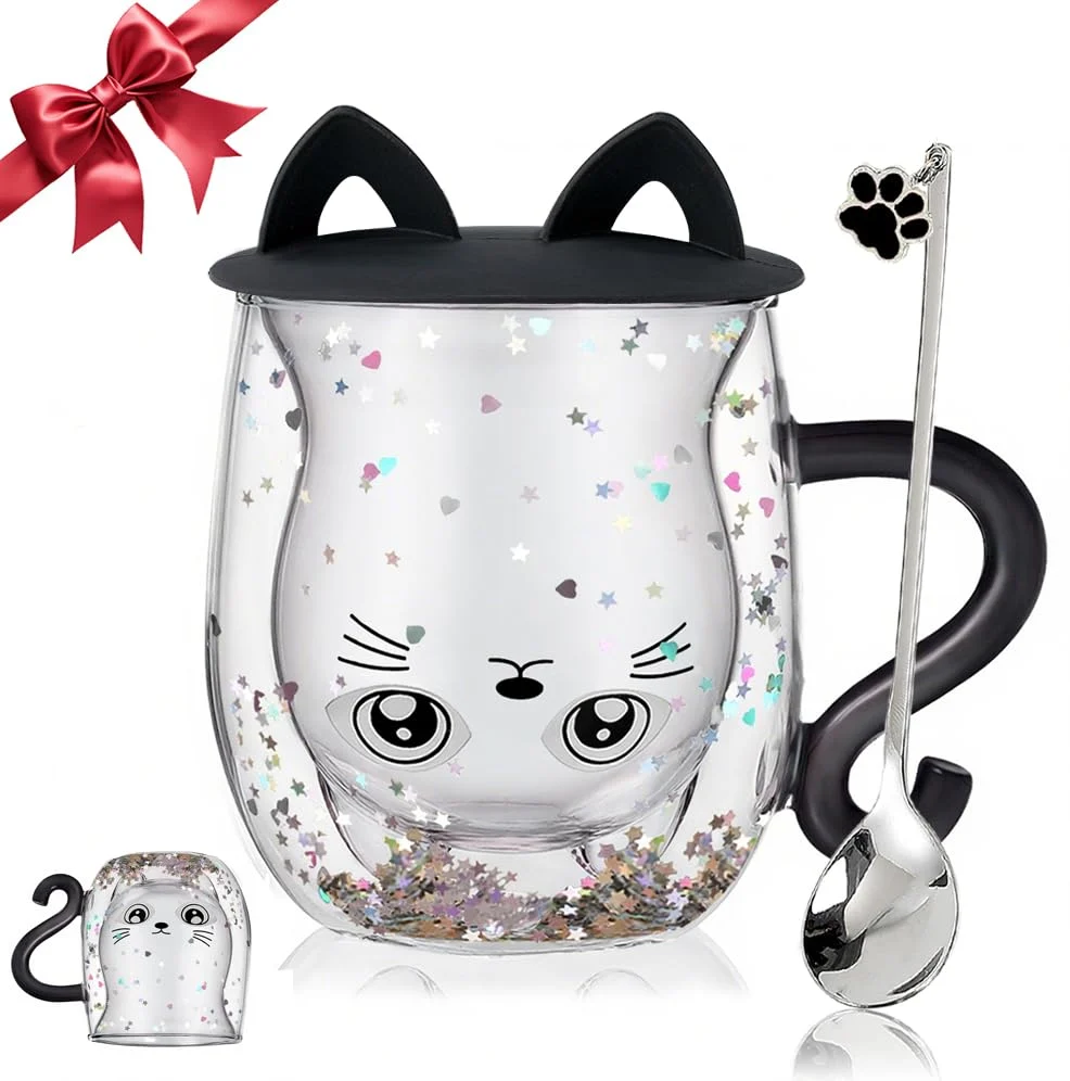Effective Glittery Black Cat Double Walled Glass Coffee Latte Cup Functional
