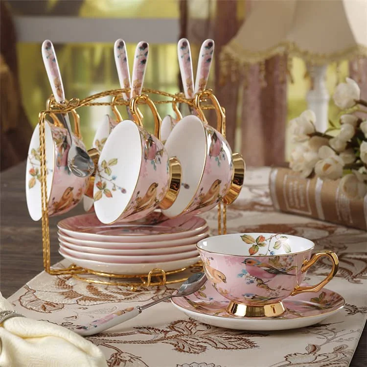 Practical Coffee Mugs Pastoral Bird Bone China Tea Cup Saucer Spoon Set Europe Porcelain Coffee Cup 200ml Mug Tray Cafe Tumbler Party Drinkware Mug Set Expertly Made