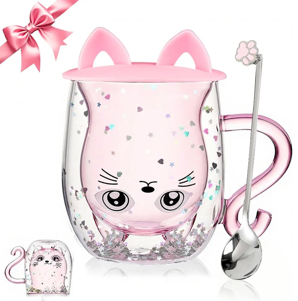 Smooth Gifts for Women Cat Gifts Double Walled Glass Coffee Latte Cup Cute Stuff Cat Mug Gifts for Her Christmas Stocking Fillers Sustainable