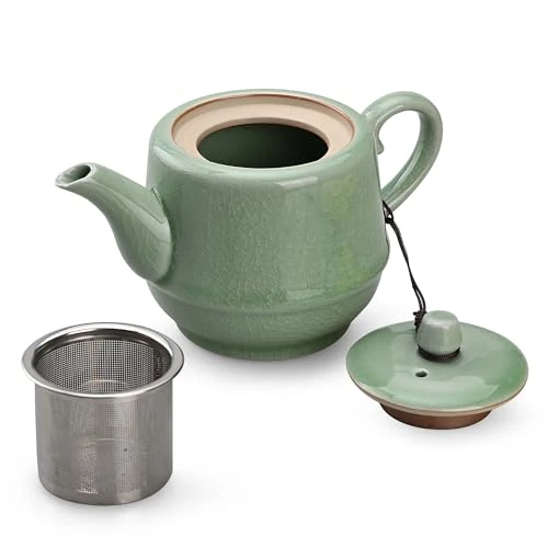 Traditional Ceramic Teapot with Infuser for Tea Coffee Milk as Gift Pink Cyan Detailed