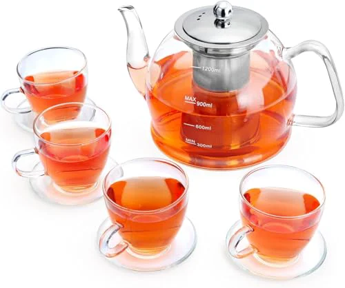 Practical Tea Pot Set 1200ml Glass Teapot with 4 Glass Teacups Efficient