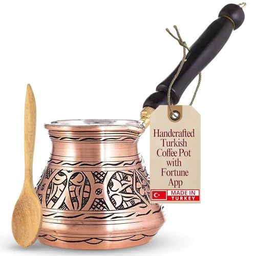 Optimized 12 Oz Copper Turkish Greek Arabic Coffee Pot with Wooden Handle Efficient