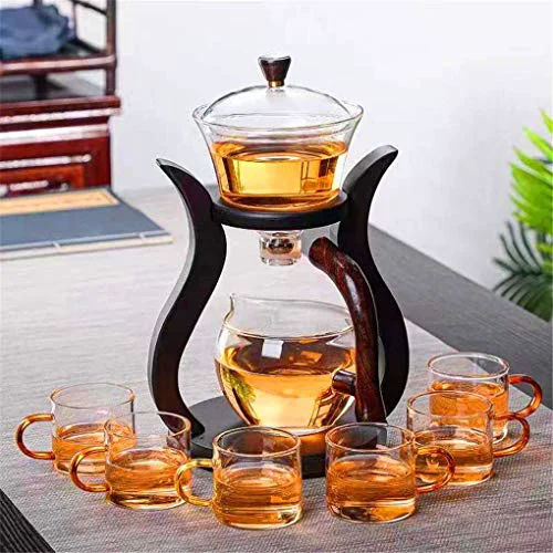 Reusable Lazy Kungfu Glass Tea Set Semi Automatic Drip Rotating with Infuser Glass Teapot Set Refined