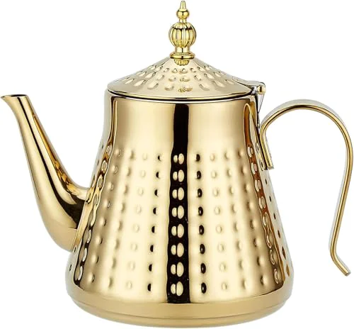 Breathable 1.2L 40oz Stainless Steel Hammer Patterned Teapot With Removeable Infuser Loose leaf cover Gold Crafted
