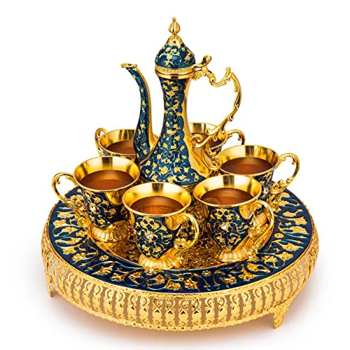 Smart Vintage Extra Large Turkish Coffee Tea Pot Set for 6 by Gute with Large Crystal Tray Teapot Gold with Shiny Crystal Selected