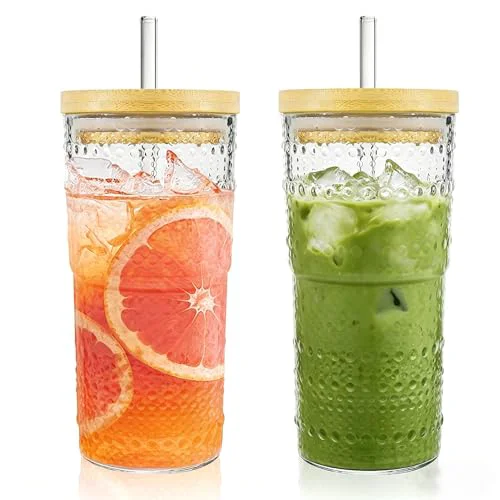 Smart 2 Pack 20oz Hobnail Drinking Glasses with Bamboo Lids and Glass Straw 2 Count Healthy