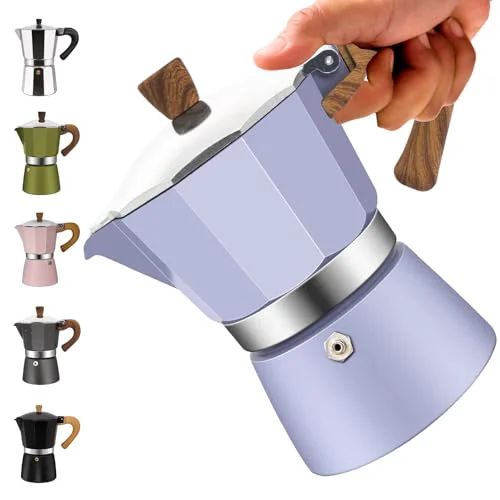 Stylish 6 Cup Aluminum Moka Pot Classic Stovetop Espresso Coffee Maker 300ml 10oz Coffeemaker Percolator Mocha Pot Greca Coffee Maker Cafe Makers for Italian and Cuban Café Brewing Purple High-Quality