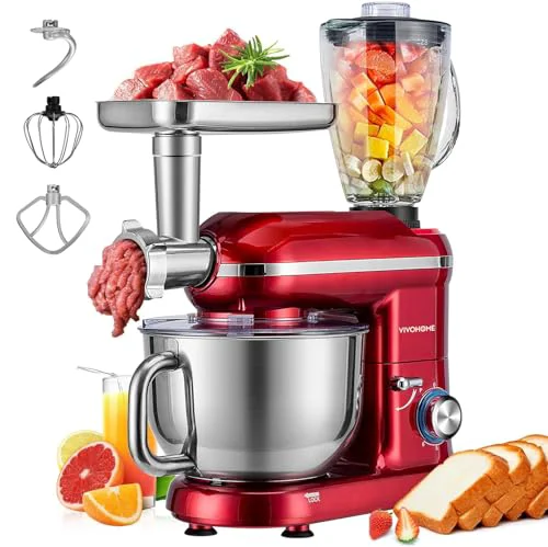 Pure 3-in-1 Stand Mixer 6-Quart Tilt-Head Mixer 10 Speeds Red Elite