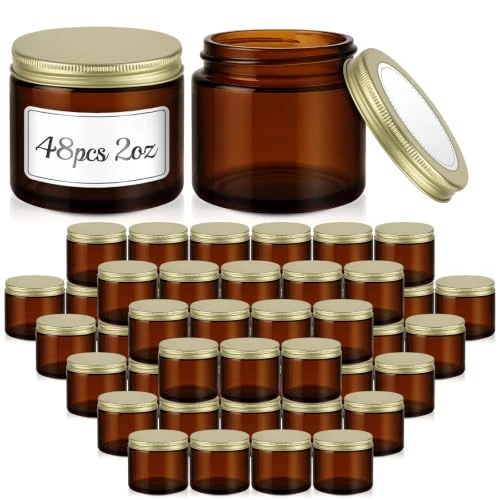 Next-Generation 48 Pack 2 OZ Small Amber Glass Jars with Gold Metal Lids 48 Count Verified