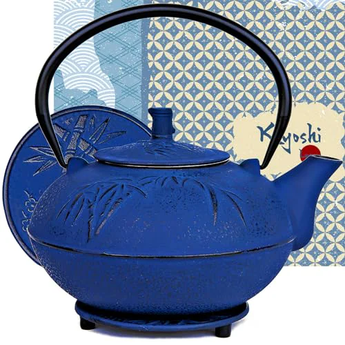 Traditional 85 Oz XXL Blue Bamboo Cast Iron Teapot Solid