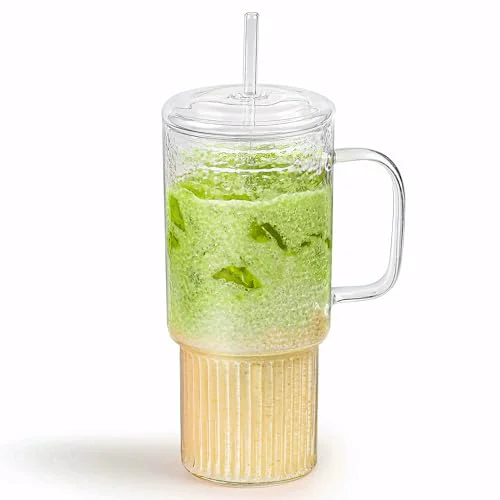 Green 32oz Glass Cups with Handle Lids and Straws Efficient