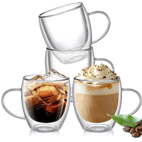 Flexible 6 Ounces Set of 4 Double Walled Glass Coffee Mugs with Handle Insulated Layer Coffee Cups Borosilicate Glass Espresso Double Insulated Clear Glass Coffee Mug for Hot Beverages 4 Count Fine Crafted