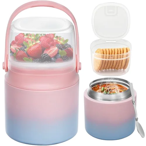Proven 2 - in - 1 Soup Thermo for Hot Food 14oz with Snack Box Container Leak Proof Insulated Lunch Container Kids and Adults Stainless Steel Double Wall Vacuum Wide-mouth Thermal with Spoon and Handle Fine