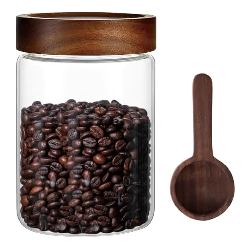 Modern 28 Fl oz Glass Food Storage Jar with Airtight Wooden Screw on Lid and Scoop Safe