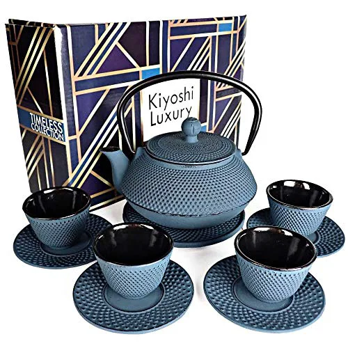 Superior Large 11PC Japanese Tea Set KONJOU Blue Cast Iron Tea Pot 26Oz with 4 Tea Cups Pure