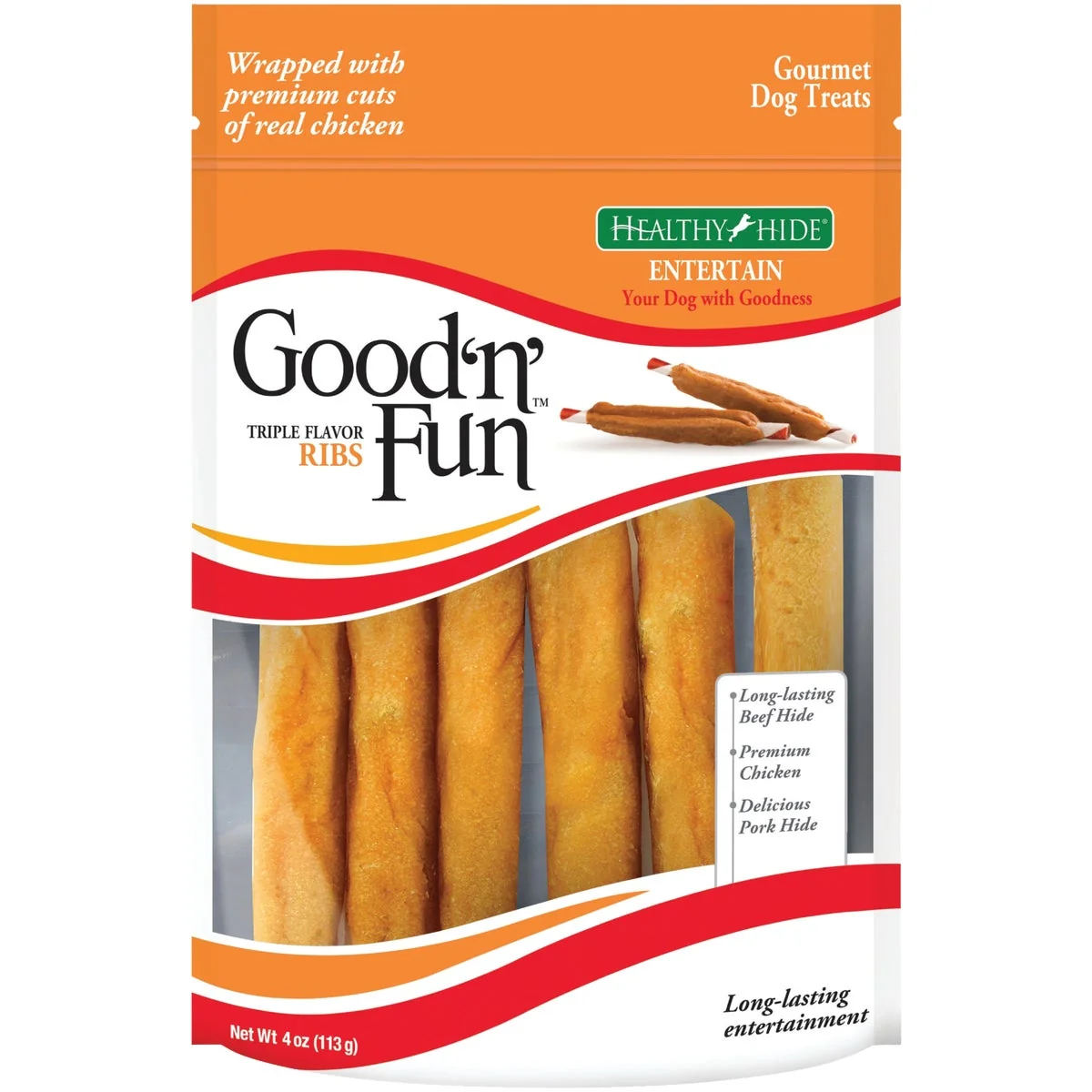 Advanced Healthy Hide Good 'n Fun Triple Flavor Ribs Beef Pork Chicken Dog Treat 4 Oz. Enhanced