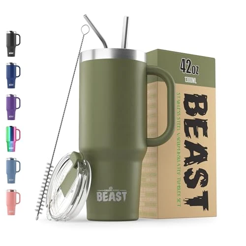 Pure Beast 42 oz Tumbler with Handle Stainless Steel Vacuum Insulated Coffee Ice Cup Double Wall Travel Flask Convenient