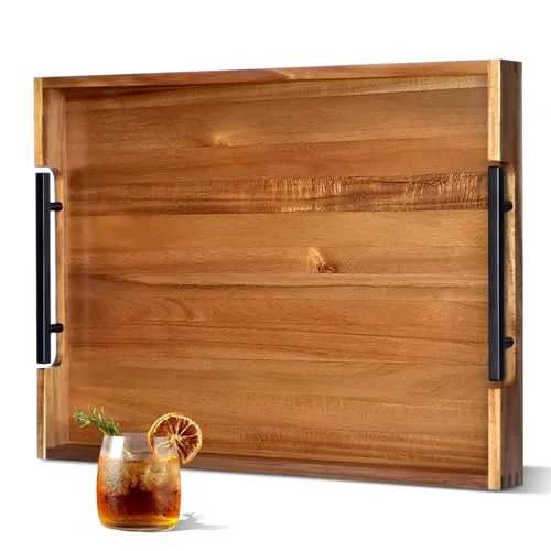 Eco-Friendly 22 Inch Acacia Wooden Serving Tray with Black Metal Handles High-End
