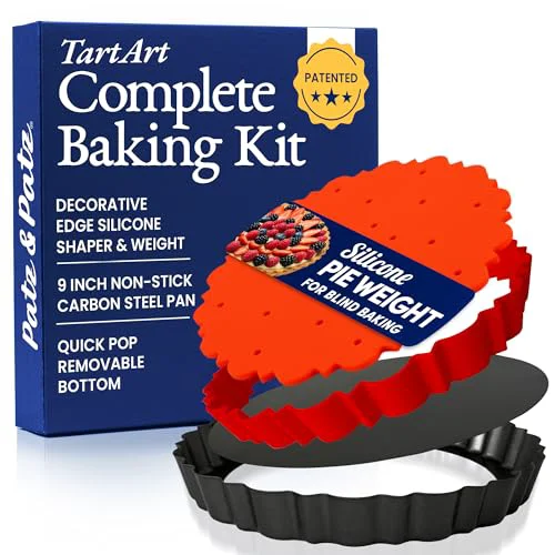 Traditional All-in-One Fluted Tart Pan 9 Inch Removable Bottom Set with Patented Silicone Crust Shaper Pie Weight Nonstick Carbon Steel Quiche Baking Dish Tart Molds for Baking - PFOA PTFE- Original