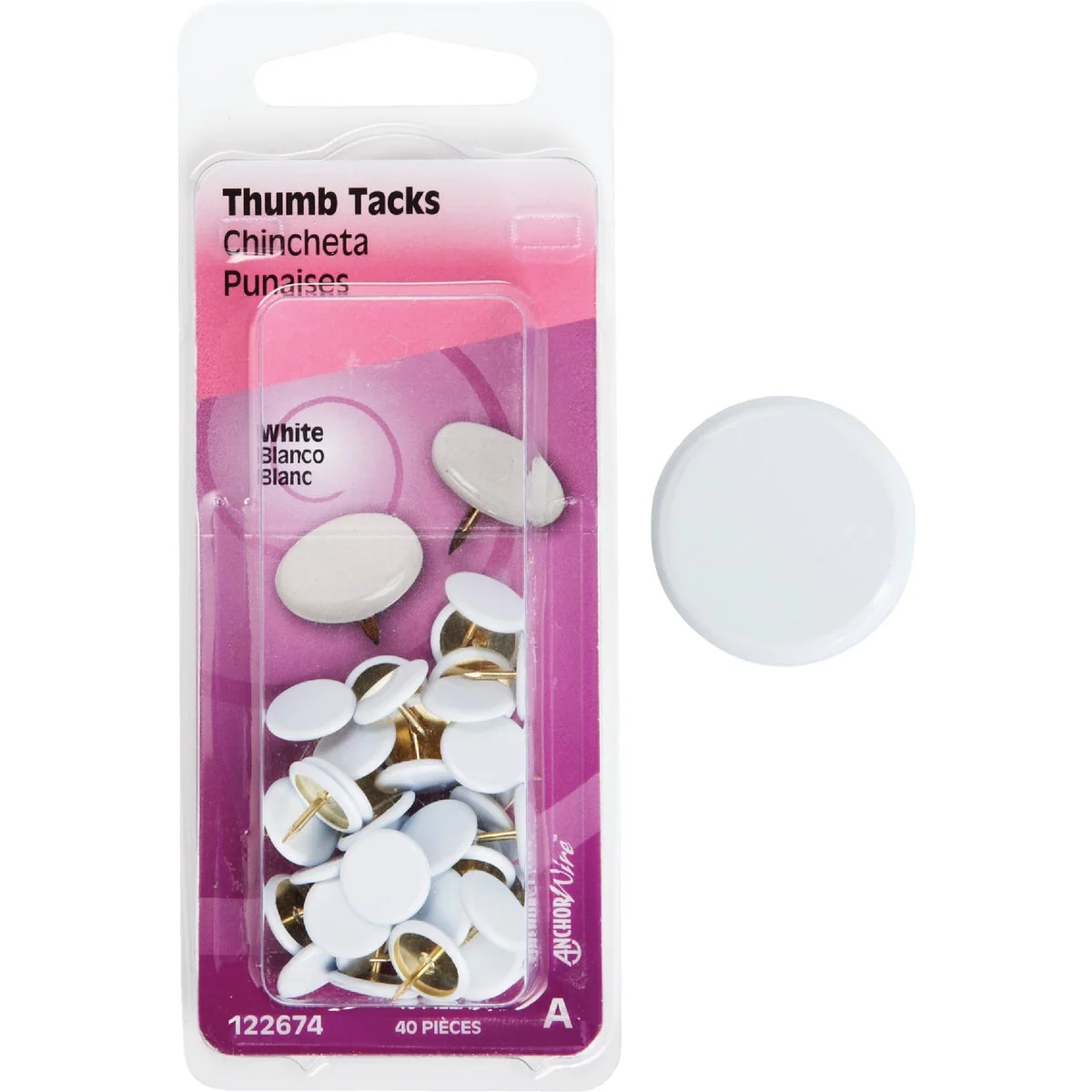 Flexible Hillman Anchor Wire White 23 64 In. x 15 64 In. Thumb Tack 40 Ct. Original Design