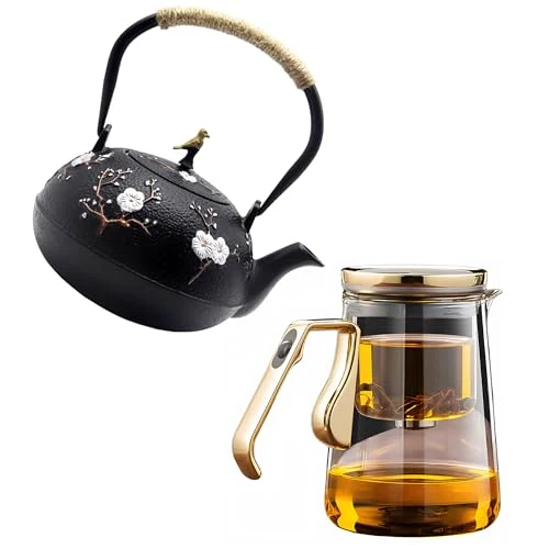 Convenient Magnetic Glass Teapot Set with 40.6oz Cast Iron Kettle for Stovetop Breathable