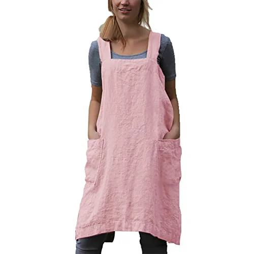 Fine Crafted Cotton Linen Apron Cross Back Apron for Women with Pockets Pinafore Dress for Baking Cooking Innovative