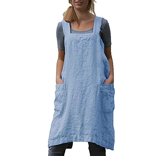 Selected Cotton Linen Apron Cross Back Apron for Women with Pockets Pinafore Dress for Baking Cooking Recyclable