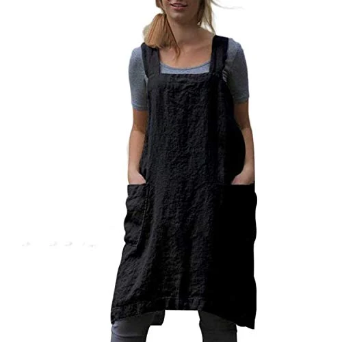 Artisan Cotton Linen Apron Cross Back Apron for Women with Pockets Pinafore Dress for Baking Cooking Comfortable