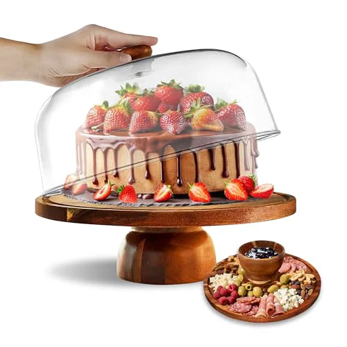 Durable Acacia-Cake-Stand-with-Acrylic-Lid 2-in-1 Wood Cake Holder Charcuterie Board with Cover Round Cake Plate with Dome for Party，Dessert Table Display Stand Advanced