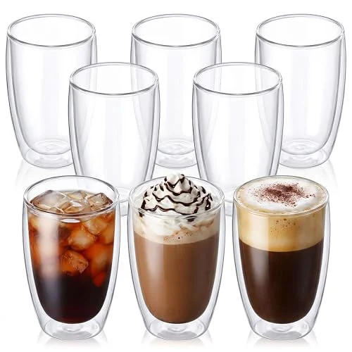 Powerful 17oz Double Wall Glass Coffee Mugs Set of 8 Functional