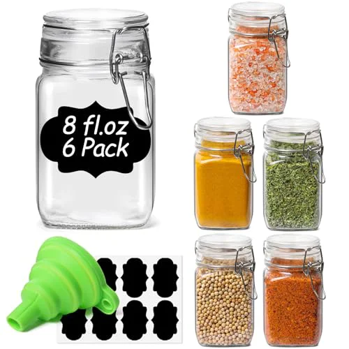 Superior Square Glass Spice Jars 8 oz 6 Pack with Labels and Funnel Set 6 Count World-Class