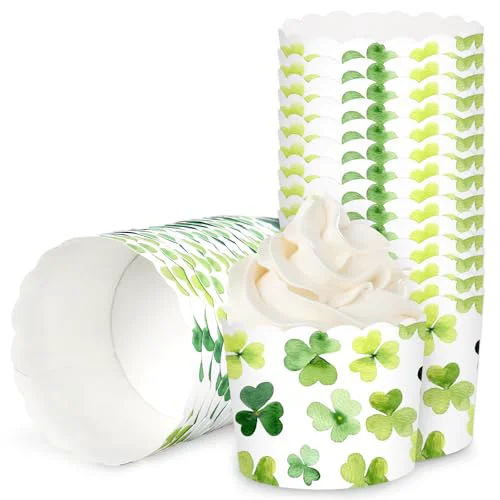 Artisan 100Pcs St. Patrick's Day Paper Baking Cups Cupcake Wrappers Watercolor Green Shamrock Clover Scalloped Edge Cupcake Muffin Cases for Irish Dessert Decoration Quality