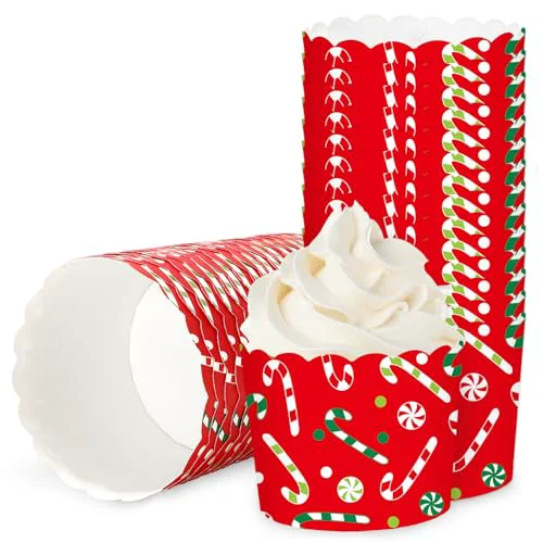 100Pcs Christmas Paper Baking Cups Red Green Candy Cane Cupcake Wrappers Scalloped Edge Cupcake Muffin Cases for Xmas Winter Holiday Party Dessert Decoration 100 Count Eco-Friendly
