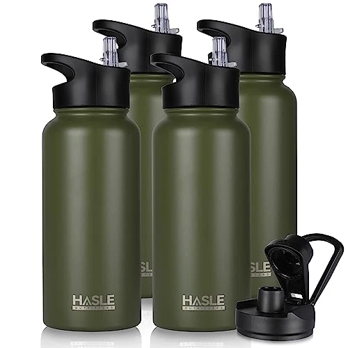 Casual 32 oz Insulated Water Bottle Stainless Steel Double Walled Vacuum Sports Water Bottle with 2 Lids 4 Count Genuine