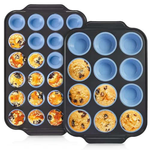 Professional 2 Pack 12 Cup and Mini 24 Cup Silicone Muffin Pans for Baking with Metal Frame 2 Count Smart