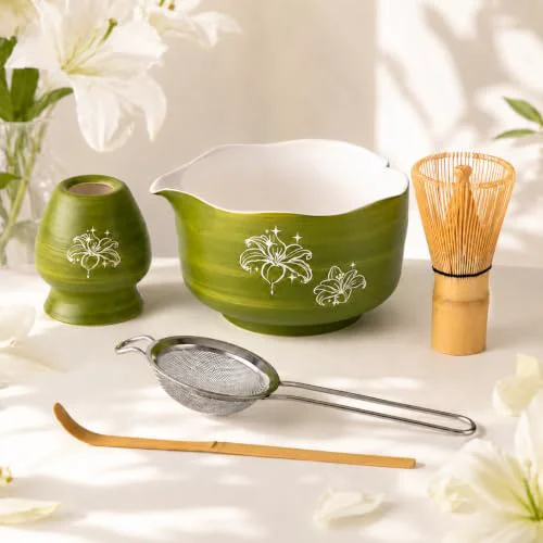 Contemporary Matcha Set Avocado Green Ceramic Bowl Kit with Spout 5 Count Long-Lasting
