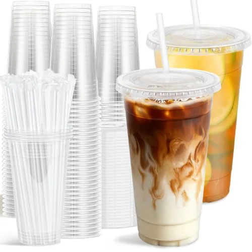 Stylish 100 Pack 24 oz Clear Plastic Cups with Lids and Straws Disposable 100 Count Trendy
